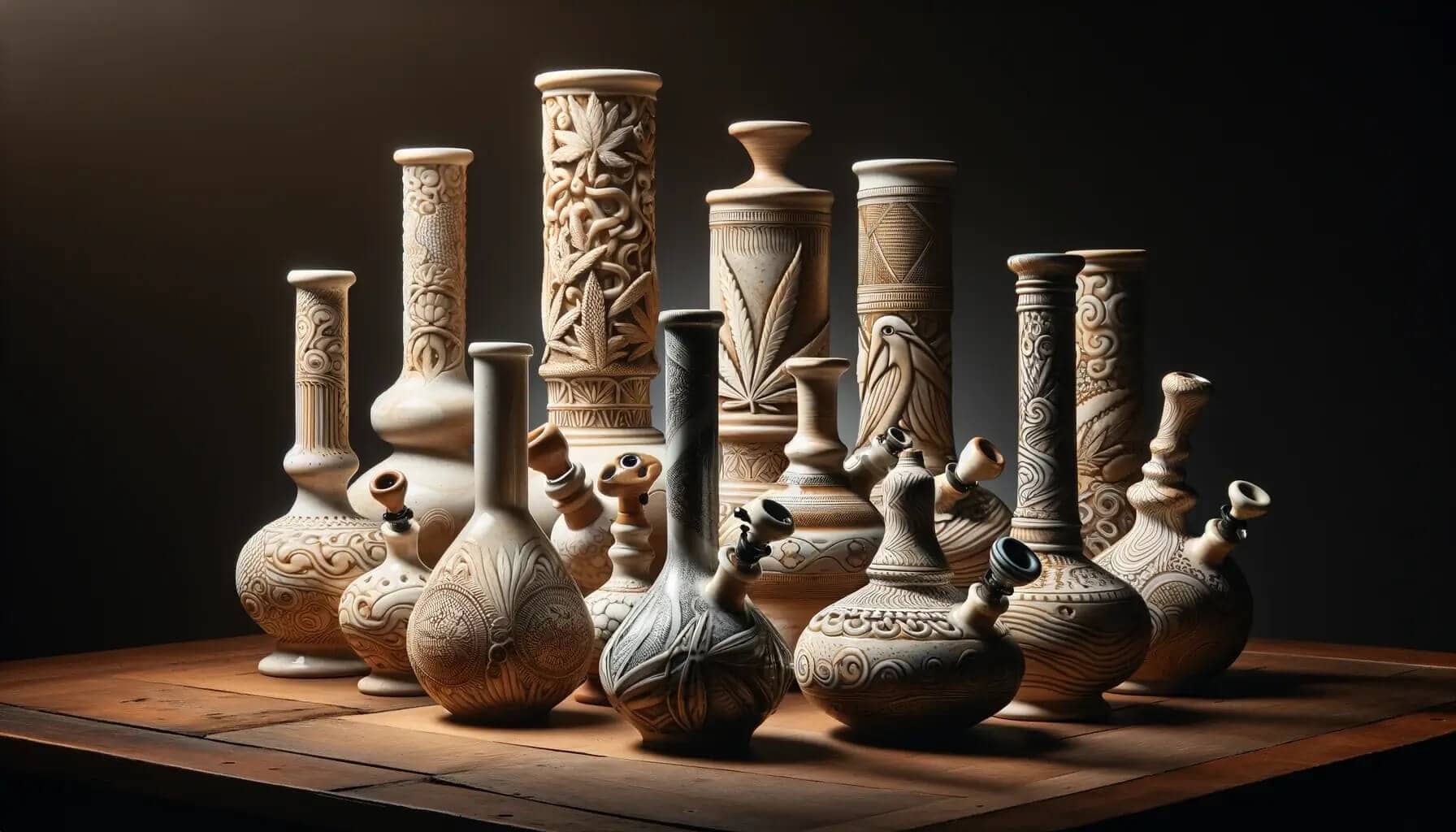 a group of different sized ceramic bongs